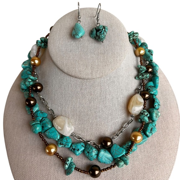 Vtg Turquoise‎ / Agata Choker Earrings Set Chip Stone Beaded Western Jewelry 16